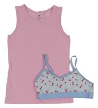 2Set - Růžová košilka s mašlí + modro/bílá pruhovaná lambáda s třešničkami 