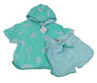 Nové - 2Set - Světletyrkysové froté oversize tričko s dinosaury a palmami a kapucí + světlemodré kraťasy Next