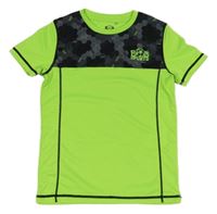 Křiklavě zeleno-černé sportovní tričko s logem a vzorem