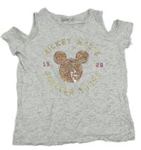 Bílo-černé melírované tričko s Mickey z flitrů a zlatými nápisy a volnými rameny Disney