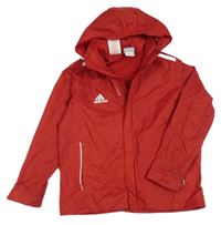 Červeno-bílá šusťáková jarní sportovní bunda s odepínací kapucí Adidas