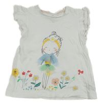Bílé tričko s holčičkou a kytičkami a krajkovými volánky Mothercare
