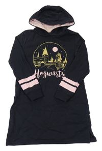 Tmavomodré teplákové šaty s potiskem - Harry Potter a pruhy a kapucí 