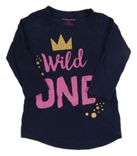 Tmavomodrá bavlněná šatová tunika s nápisem a korunou