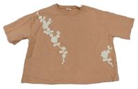 Světlehnědé teplákové oversize tričko s krajkovými květy Next