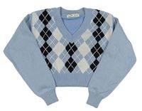 Světlermodro-černý károvaný crop lehký svetr shein