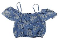 Modrý šifonový květovaný crop top s volánkem New Look