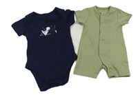 2 set - Khaki kraťasový overal + tmavomodré body s dinem 