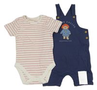 Nové - 2 set - bílo-červené pruhované body + tmavomodré laclové kraťasy s medvědem George