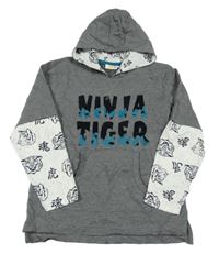 Šedá melírovaná mikina s nápisem a bílými rukávy s tygry a kapucí kids