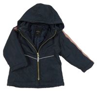 Tmavomodrá šusťáková zateplená bunda s růžovým pruhem a kapucí Name it