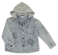 Světlemodrá riflová košilová bunda s obrázky a teplákovou kapucí Zara