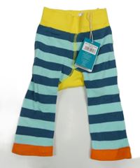 Nové - Modro-žluto-oranžové pruhované punčocháčové legíny s ptáčkem 