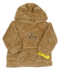 Nové - Hnědá chlupatá mikina s nápisem a kapucí 