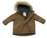 Hnědá šusťáková zimní bunda s kapucí s kožešinou Topomini