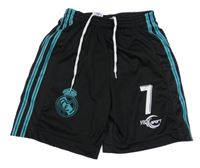 Černo-modré sportovní kraťasy s pruhy a číslem 