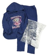 Nové - 2set - Tmavomodrá žebrovaná úpletová mikina s potiskem a kapucí + legíny - Ballerina Cappucicina 