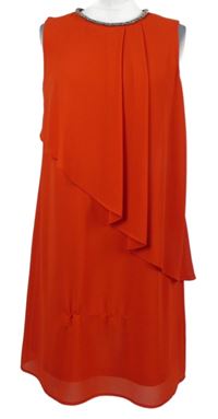 Dámské červené šifonové petite šaty z korálky a volánem