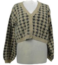 Dámský béžovo-černý vzorovaný chlupatý crop propínací svetr NA-KD 