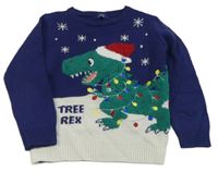Modro-bílý svetr s dinosaurem 