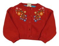Červený propínací svetr s kytičkami 