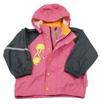 Růžovo-tmavošedá nepromokavá bunda s obrázkem a kapucí 