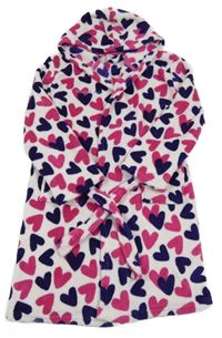 Bílý chlupatý župan se srdíčky a kapucí 