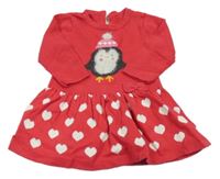 Rubínové pletené šaty s tučňákem a srdíčky Matalan