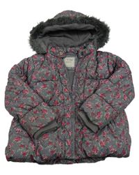 Šedo-vínová květovaná šusťáková zimní bunda s kapucí Next