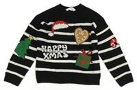 Černo-bílý pruhovaný svetr s vánočními obrázky H&M