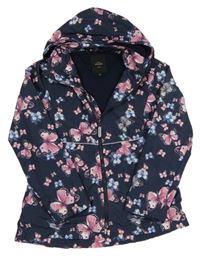 Tmavomodrá šusťáková jarní parka s motýly a kapucí 