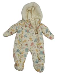 Smetanová šusťáková zimní kombinéza se zvířátky a duhami a volánky a kapucí s kožešinou George