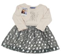 Nové - Růžovo-šedé bavlněno/tylové šaty s Elsou Disney