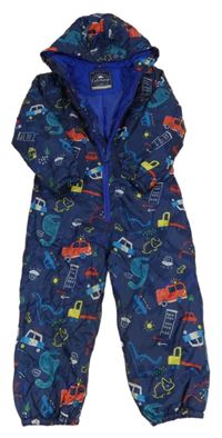 Tmavomodrá šusťáková zimní kombinéza s dinosaury a kapucí George 