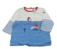 Modro-bílé pruhované triko s mořskými živočichy 