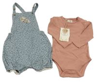Nové - 2set - Modrošedé manšestrové laclové kraťasy s kytičkami + růžové body Laura Ashley