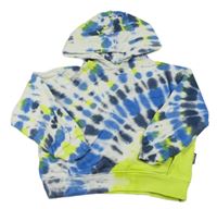 Bílo-modro-tmavomodro-limetková batikovaná oversize mikina s kapsou a kapucí Desigual