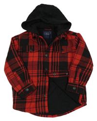 Červeno-černá kostkovaná zateplená košilová bunda s kapucí Next