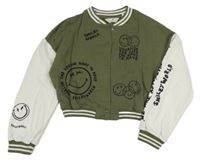 Khaki-bílá baseballová oversize crop mikina se smajlíky a nápisy a pruhy H&M