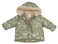 Olivová prošívaná šusťáková zimní bunda se zvířátky a duhami a kapucí s kožešinou Next