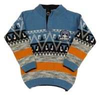 Modro-černo-šedo-oranžový vzorovaný pletený svetr s nášivkou Little Blooms