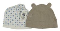 Nové - 2x - Čepice - Bílá s medvídky GAP, šedobéžová melírovaná žebrovaná s oušky H&M