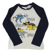 Bílo-tmavomodré triko s dinosaury z překlápěcích flitrů C&A