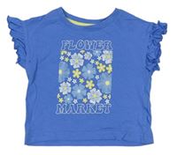 Modré tričko s kytičkami a nápisy Primark