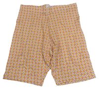 Oranžovo-tmavorůžové kostkované elastické kraťasy s květy zn. Primark