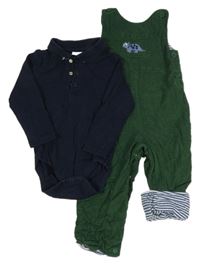 2set - Tmavozelené podšité laclové kalhoty s dinosaurem + tmavomodré polo body Jojo Maman Bébé
