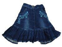 Tmavomodrá riflová sukně s výšivkami květů s kamínky