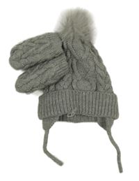 2set - Šedá melírovaná pletená čepice s bambulí + rukavice Primark