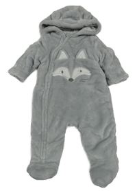 Šedá chlupatá zateplená kombinéza s liškou a kapucí C&A