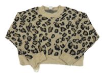 Hnědý chlupatý crop svetr s leopardím vzorem Lindex